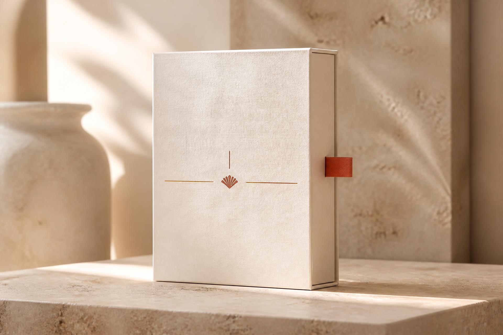 Amber glass vessel and ivory presentation box resting on warm limestone